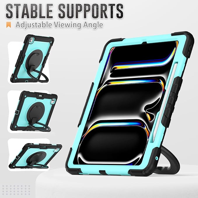 for iPad Pro 11 inch Protective Case M5 2025/M4 2024: Heavy Duty Shockproof Case with Pencil Holder - 360°Rotating Handle/Stand - Screen Protector - Shoulder Strap Black/Sky Blue