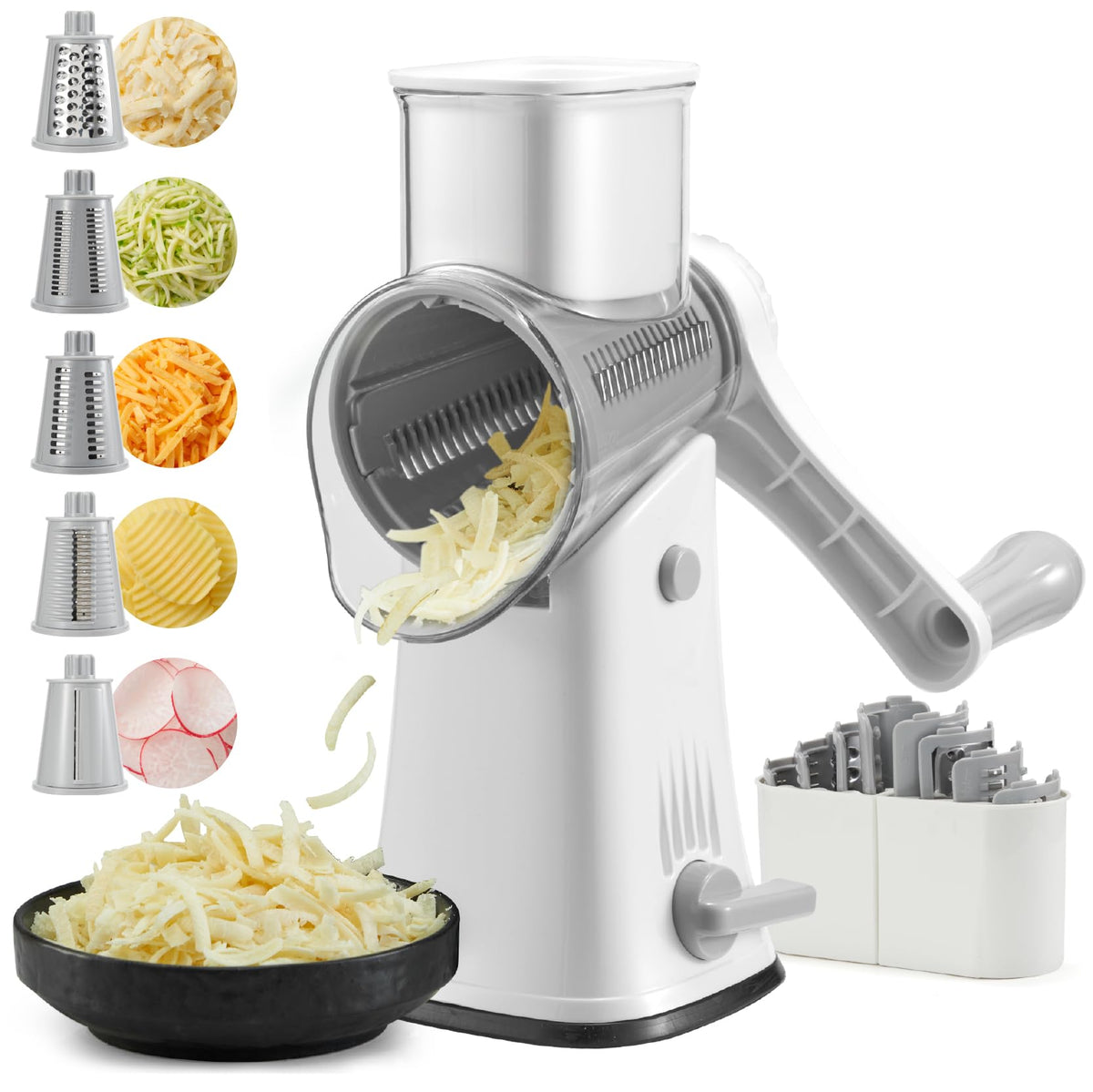 ALEXPHY Rotary Cheese Grater Hand Crank, 5 blades Cheese shredder, Stronger Suction, Easy to Clean for Fruit, Vegetables, Nuts, White