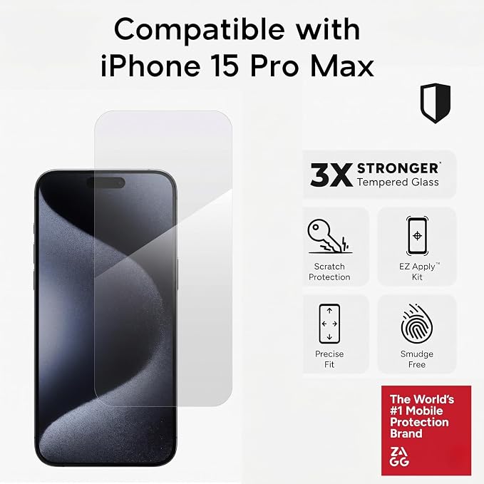 ZAGG InvisibleShield Glass Screen Protector for iPhone 15 Pro Max - 3X Stronger Tempered Glass Scratch &amp Impact Protection Smudge-Resistant Easy to Install - Clear