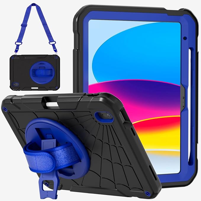 for iPad (A16) 11th/10th Generation Case 2025/2022 (11″/10.9″) Sturdy Heavy Duty Full-Body Shockproof Protective Case Rotating Stand Hand/Shoulder Strap (Black)
