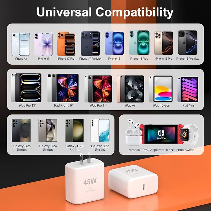 45W USB C Charger Compatible with iPhone 17/17 Pro/17 Pro Max/Air/16/16 Pro/16 Pro Max/15/15 Pro Max2Pack 6.6FT Type C Charger Block &amp CableSuper Fast Charging for Samsung Phone