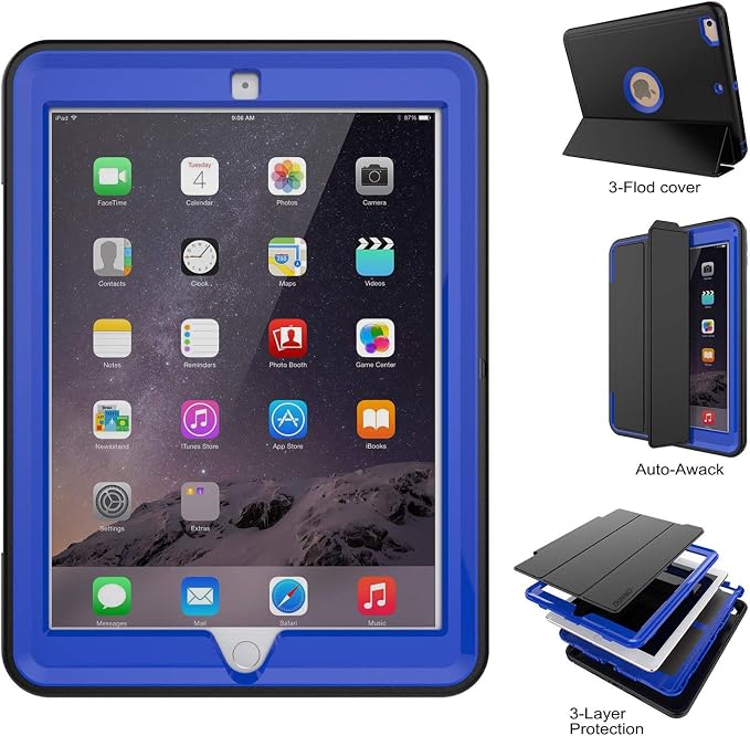 DUNNO Case Compatible with iPad 6th/5th Generation 9.7-Inch 2017/2018 Three Layer Heavy Duty Full Protection Case with [Auto Sleep/Wake] Stand Design for iPad 5/6 Generation (Black+Blue)