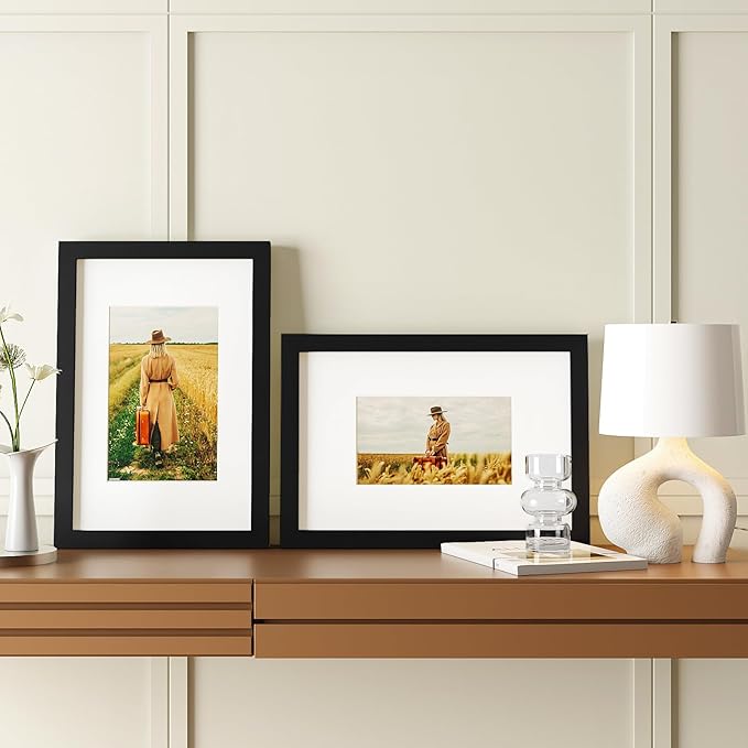 Egofine 8x12 Picture Frame Black Covered by Plexiglass Made of Solid Wood, Display Pictures 5x7/6x8 with Mat or 8x12 Without Mat for Table Top and Wall Mounting