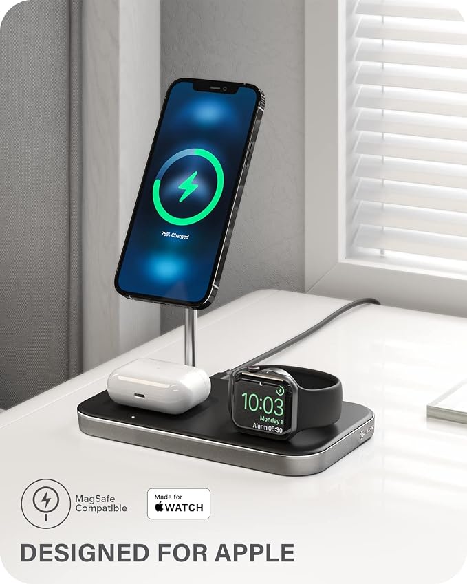 ALOGIC MagSpeed 3-in-1 Wireless Charging Station MagSafe Compatible Charger for iPhone 15/14/13/12 Series Apple Watch &amp AirPods Charging Case LED Indicator