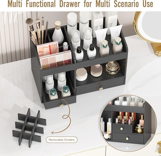 Makeup Organizer with Drawers, Bamboo Countertop Cosmetic Storage for Dresser Vanity Organizer Beauty Desk Skincare Holders Container Make Up Organizing for Lipstick