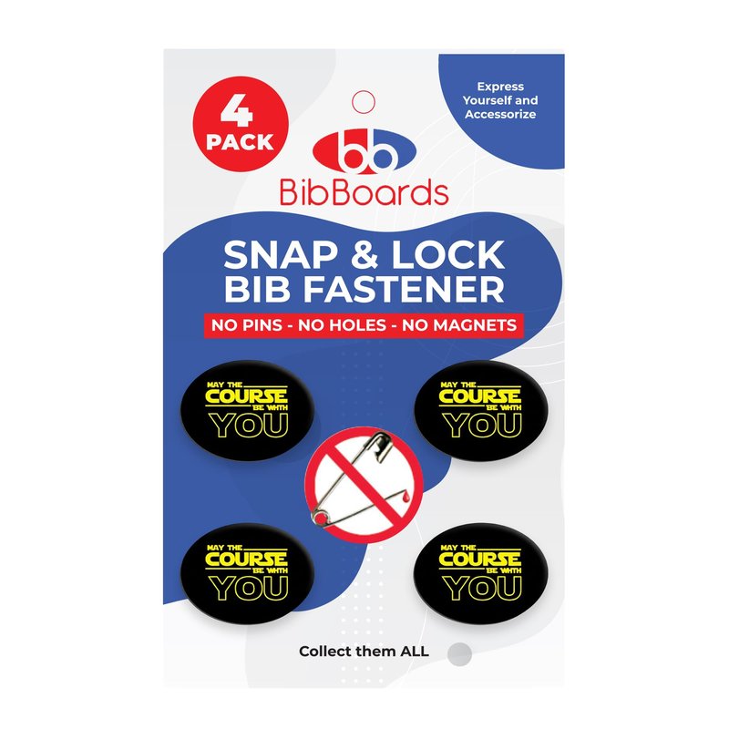 bibSNAPS Race Bib Clips - Safety Fasteners, Secures Running, Marathon, Cycling & Event Number, Non Magnetic, Easy to Use, Snap & Lock, Replacement for Pins & Magnets, May The Course Be W/ You(4pcs)