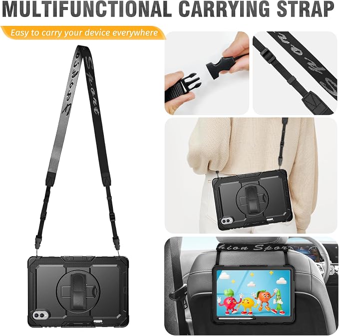 HXCASEAC Case for Samsung Galaxy Tab S10+ Plus / S9 Fe+ / S9+ 5G 12.4 inch Protective with Screen Protector/S Pen Holder/ 360 Rotating Stand Hand Strap - Black