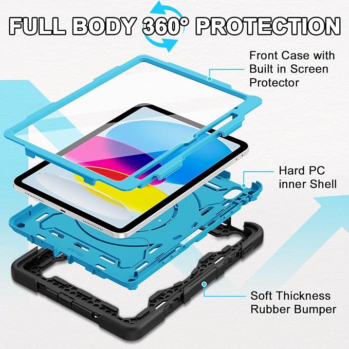 for iPad 9th 8th 7th Gen Case 10.2 inch with Screen Protector | 360° Rotating Kickstand Hand Strap Shoulder Strap Heavy Duty Military Grade - Kids Friendly