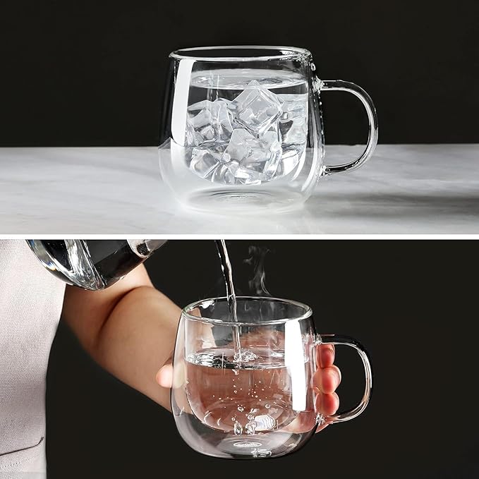 10oz Double Walled Glass Coffee Mugs Set of 2, Clear Insulated Mug for Cappuccino, Latte, Borosilicate Glass Cup, Heat & Cold Resistant Glasses