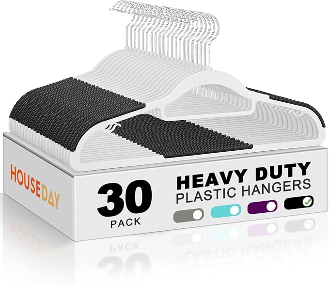 HOUSE DAY Quality Plastic Hangers 30 Pack, Non Slip Plastic Clothes Hangers White, Ultra Thin Hangers with 360° Swivel Hook, Heavy Duty Coat Hanger Space Saving, Ideal for Suits, Shirts, Pants