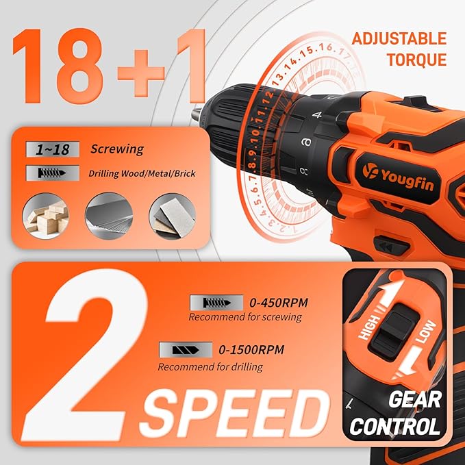 YOUGFIN Tool Kit with Drill 12V, Home Tool Set with Cordless Drill for Men, Power Drill Tool Box with 195 Pieces Household Hand Tools for Office (with 2.0Ah Battery & Charger)