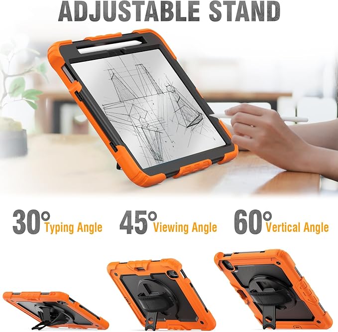 HXCASEAC Case for iPad Air 11 inch (2025 M3 / 2024 M2), Shockproof Design with Pencil Holder/Screen Protector/Rotating Hand Strap, Protective Cover for iPad Air 7th/6th Generation - Orange