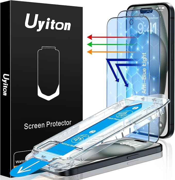 Uyiton Anti-Blue Light for iPhone 15 Plus Screen Protector | Unbreak-Glass Easy to Install Full Coverage Case Friendly Scratch Resistance 9H Tempered Glass Screen Protector 2 Pack