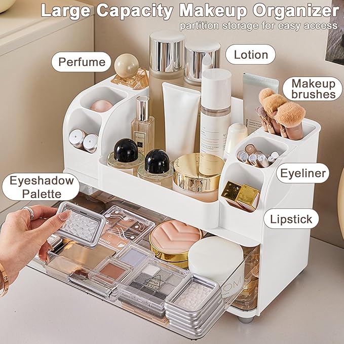 DASITON Large Capacity Makeup Organizer for Vanity with 2 Drawers, Skincare Organizers with Makeup Brush Holder, Cosmetic Display Case for Dresser Vanity Bathroom Countertop (White)