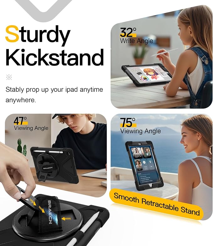 BRAECN Case for iPad 6th/5th Generation - 9.7 inch 2018/2017 Black | Protective Heavy Duty Shockproof Rugged Cover for Kids/Adults 360° Rotating Hand Strap/Stand &amp Detachable Shoulder Strap