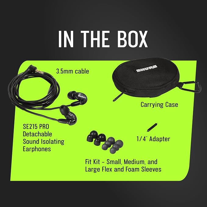 Shure SE215 PRO Sound Isolating Wired Earbuds - Black | Professional in-ear monitors with deep bass single dynamic driver secure fit detachable cable and carrying case