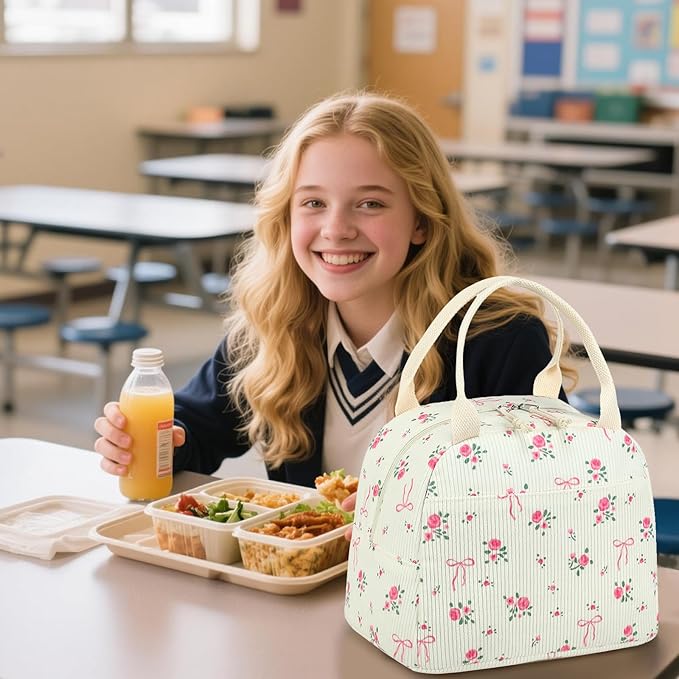 LEDAOU Lunch Box for Women Insulated Lunch Bag Corduroy Lunch Tote Bags Leakproof Cooler Lunch Case for Travel Work Picnic (Bow Floral)