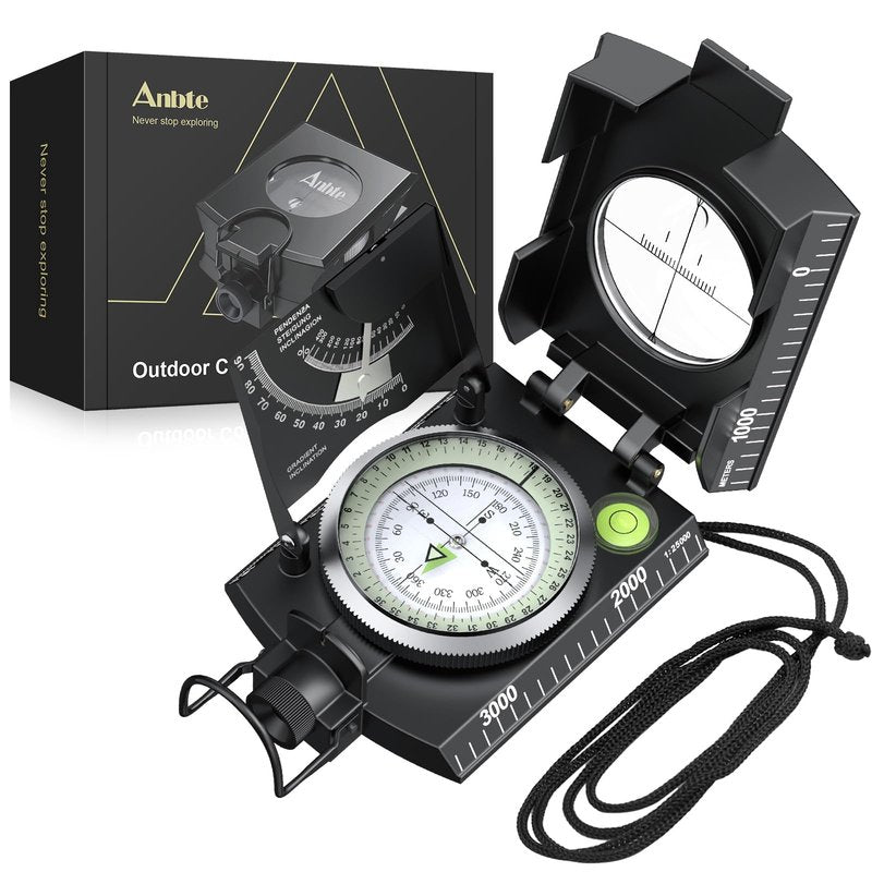 Anbte Compass Hiking Survival, IP65 Waterproof Metal Compass with Sighting Clinometer and Carry Bag, Multifunctional, Professional, for Camping Hunting Hiking Navigation, Black
