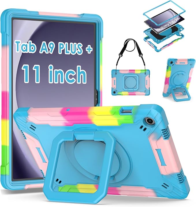 DETUOSI Galaxy Tab A9 Plus Case - Shockproof with 360 Stand &amp Strap Heavy Duty for SM-X210/X216/X218 Black