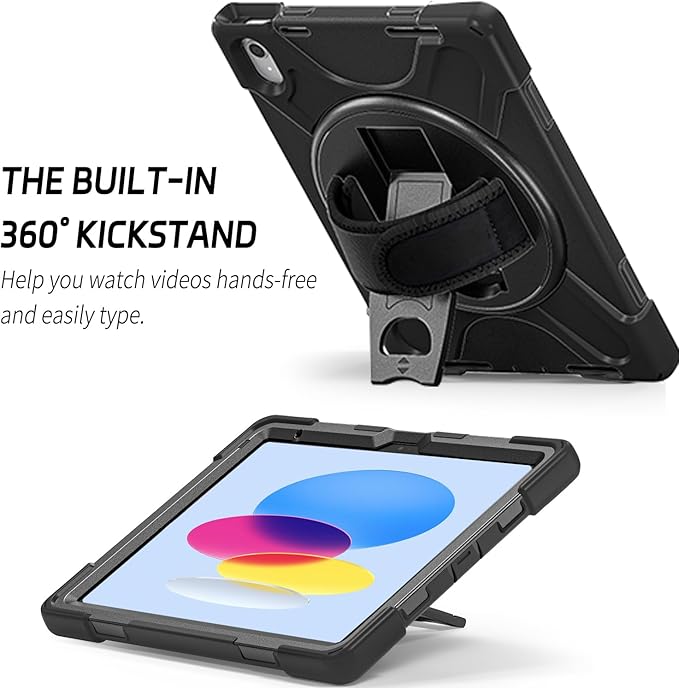 ZenRich Shockproof Case for iPad (A16) 11th/10th Generation Black | Pencil Holder 360° Rotating Kickstand Hand Strap Adjustable Carrying Strap Heavy Duty Rugged