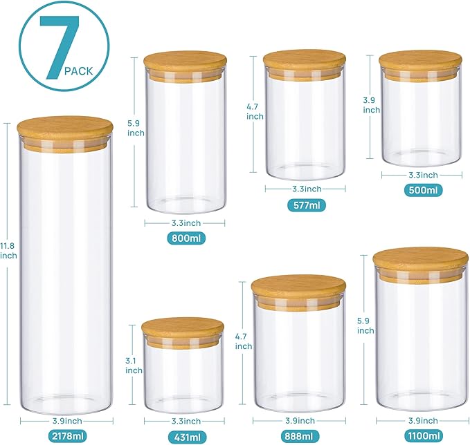 Vtopmart Glass Food Storage Jars, 7 Pack Kitchen Containers with Airtight Bamboo Wooden Lids for Pasta, Cookies, Nuts, Coffee Beans, Cereal, Canisters Set for Flour, Pantry Organization, BPA Free