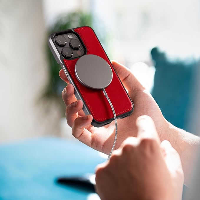 Dreem Empower Magnetic Wireless Charger Pad – Compatible with MagSafe for iPhone 17/16/15/14/13/12 &amp Qi-Certified Devices – Premium Vegan Leather [RED]