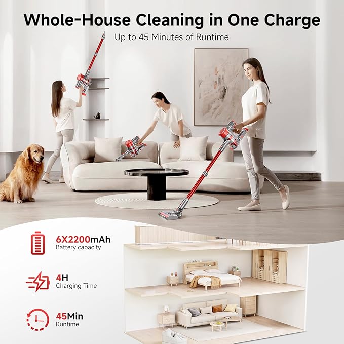 Cordless Vacuum Cleaner, 35Kpa Vacuum Cleaner for Home, 45Mins Stick Vacuum with LED Display, Anti-Tangle & Wall Mount Charging, 6 in 1 Lightweight Vacuum for Hard Floors, Carpet, Pet Hair (red)
