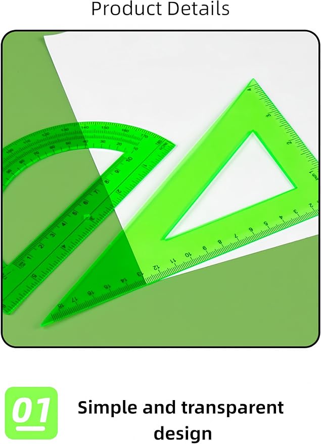 6 Pcs Plastic Ruler Math Set, Transparent Straight Protractor Triangle Measuring Tools, Geometry Ruler for School Office Home/Students(Green)