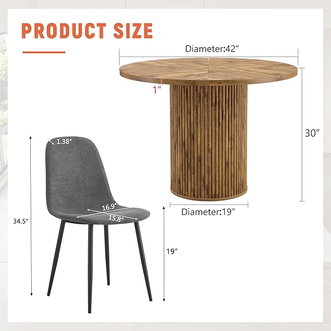 AZmac Round Dining Table Set for 4, Wooden Round Table 5-Piece with Modern Farmhouse Dining Table and 4 Fabric Chairs for Kitchen Dining Room, Wooden Table + 4 Gray Chairs