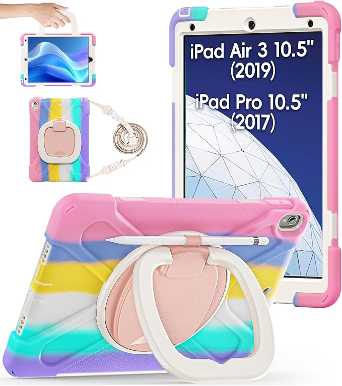 BATYUE Shockproof Case for iPad Air 3rd Gen 2019 &amp iPad Pro 10.5 2017 | with 360° Rotating Stand &amp Pencil Holder &amp Shoulder Strapfor Daily Use &amp Office/School/Outdoor - Navy Blue