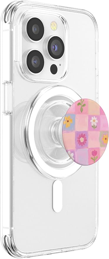 Pink Pastel Floral Check Pattern PopSockets PopWallet for MagSafe