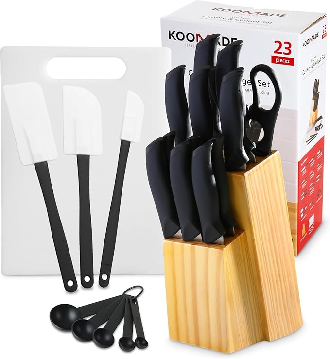 KOOMADE Knife Set With Block, Cutlery Essentials 23 PCS Kitchen Stainless Steel Knife Block Sets With Cutting Board, Shears, Paring, Utility, Santoku, Steak Knives, Dishwasher Safe Cutlery Block Set