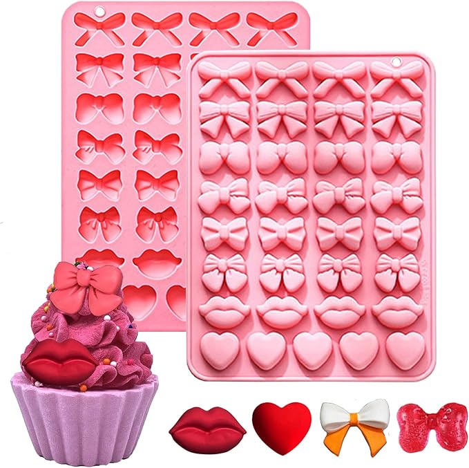 Copzievkae 2PCS Lip Chocolate Mold Bow Chocolate Silicone Mold Heart Chocolate Molds Silicone Molds Candy, 33 Cavity Heart Shaped Mold for DIY Resin Product, Baking, Candy, Candles Pink