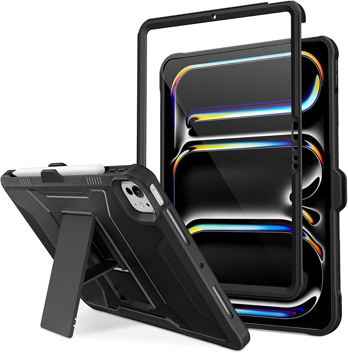 DTTO for iPad Pro 11 Inch Case (M5) 2025 / (M4) 2024 Black | Durable Shockproof Protective Cover Built-in Screen Protector &amp Kickstand Corner Protection