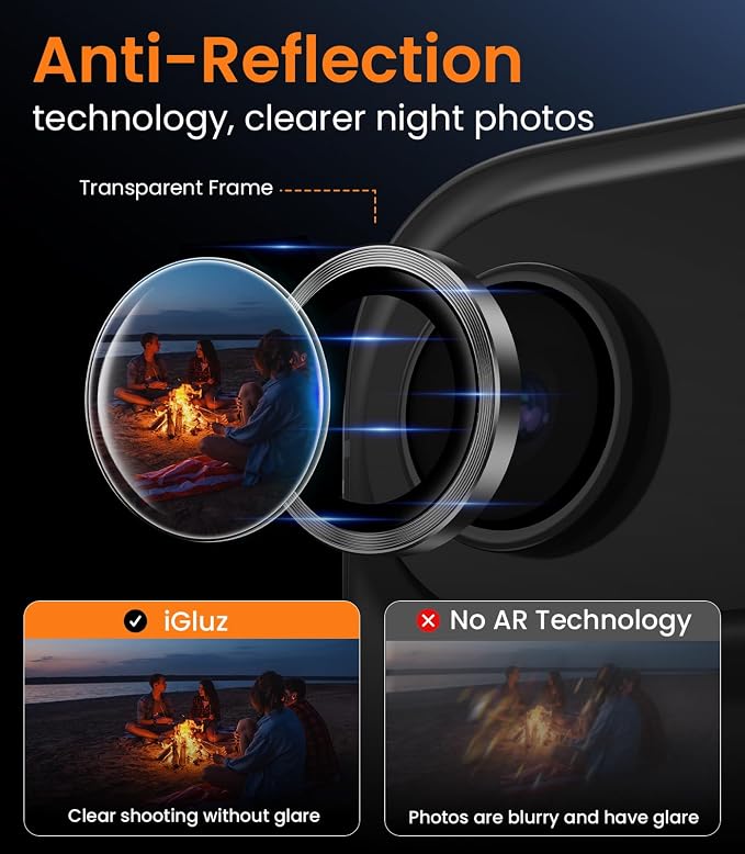 iGluz 2 Pack Anti-Reflection Camera Lens Protector for iPhone 17/16/16 Plus [98% Transmittance][1-Step Installation][Strong Adsorption] 9H Shatterproof Tempered Glass-Black