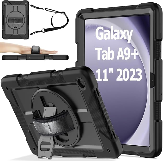 Case for Samsung Galaxy A11+ Plus/ A9 Plus 11 inch 2026/2023 with 360° Swivel Handle Strap Cover with Lanyard Black