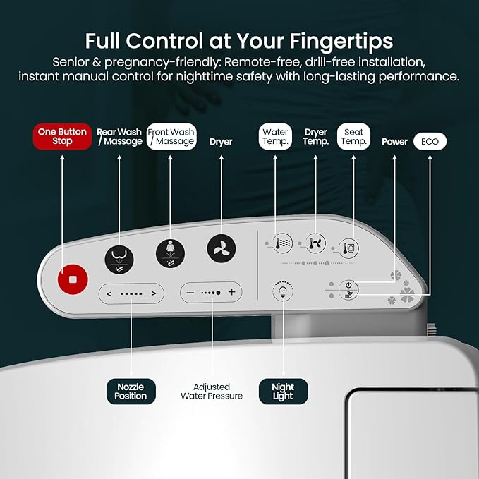 R&T V2601 Electric Bidet Seat For Elongated Toilet, Smart Toilet Seat with Heated Seat, Adjustable Temperature, Warm Air Dryer, Night Light