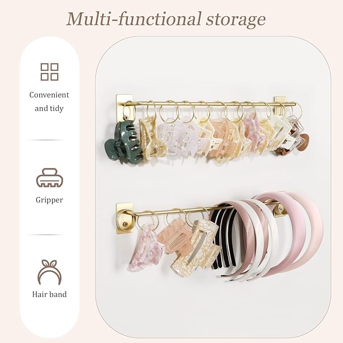 SNOWSTAR Metal Claw Clip Organizer Holder, Hair Clip Holder and Storage for Women and Girl,Claw Clips Hanger Display Hair Accessories for Wall Door Closet,Gold(2PCS)
