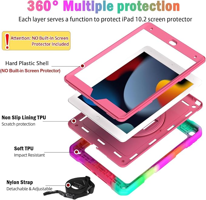 BMOUO for iPad 9th/8th/7th Generation Case 10.2 Black | Shockproof Rotating Stand Shoulder Hand Strap iPad 9th/8th/7th Generation Case with Pen Holder for iPad 10.2“ 2021/2020/2019