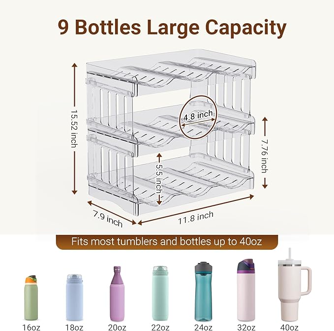 Water Bottle Organizer Holder for Stanley Cup Accessories, Fridge Kitchen Cabinet Organizer and Storage for Meoky 40 oz Tumbler with Handle, Stackable Plastic Travel Mug Cup Rack Gifts, 3Pack