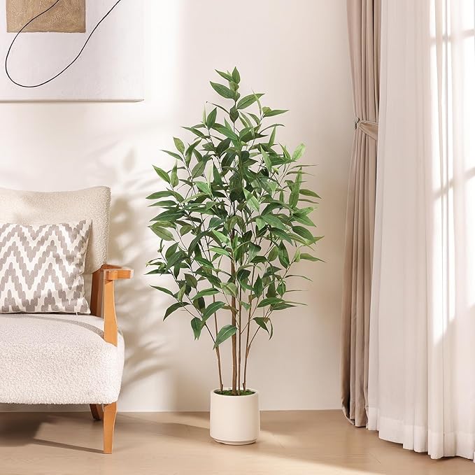 Artificial Eucalyptus Tree，4FT UV Resistant Fake Outdoor Plants,Artificial Plants Indoor with White Planter,Silk Leaves,Faux Tree for Home Decor Floor Porch Liveing Room