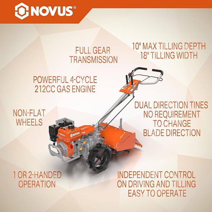 NOVUS 18-Inch Dual Direction Rear Tine Tiller, 212cc 4-Cycle Gas Engine, Full Gear Transmission, Dual Rotating Tines, Airless Tires Gas Tiller for Small to Large Gardens