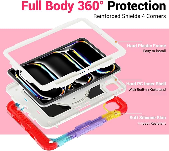 for iPad Pro 11 inch Protective Case M5 2025/M4 2024: Heavy Duty Shockproof Case with Pencil Holder - 360°Rotating Handle/Stand - Screen Protector - Shoulder Strap Black/Sky Blue