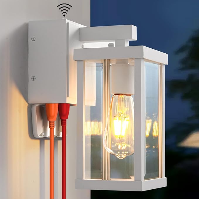 JOKAONOTL Dusk to Dawn Porch Lights with GFCI Outlets Waterproof Outdoor Wall Lights Exterior Lighting Fixtures Modern Outside Lights Wall Mount for House Patio Garage,White,11.8''H,1PC