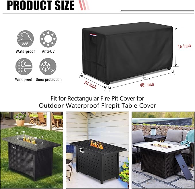 Youlvy Fire Pit Cover Rectangular 48 Inch - Waterproof Outdoor Fire Table Cover Rectangle Heavy Duty, 600D Patio Propane Gas Firepit Cover Rectangular Tear Weather Resistant - 48 x 24 x 15 Inch