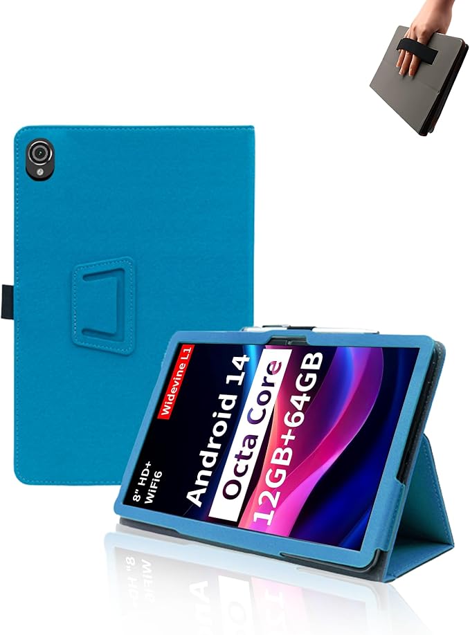 Case for Topsand M8 Android 14 Tablet 8 inch TabletsUYRUREL Leather Slim Folding Stand Cover with Hand Strap Magnet for Men Women Full ProtectionBlack.