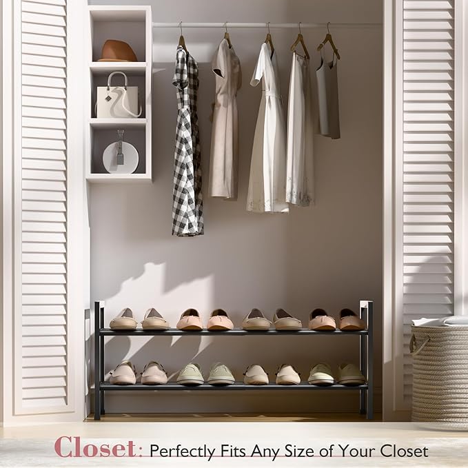 Bumusty 2 Tier Expandable Shoe Rack for Closet, 18“-33” Adjustable Shoe Rack for Small Space, Small Shoe Organizer for Front Door, Sturdy Metal, Black