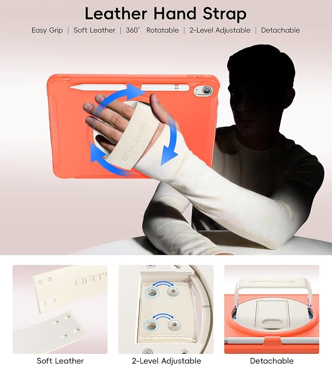 BATYUE Shockproof Case for iPad 10th / 11th (A16) Gen 11 inch CoralOrange | 3in1 PC+TPU Heavy Duty Leather Hand Strap Adjustable Stand Screen Protector Pencil Holder Easy Clean Personal/Busine