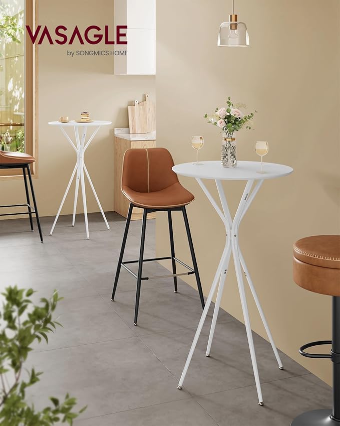 VASAGLE Bar Tables Set of 2, Round Cocktail High Top Pub Bistro Table for Events Party, Kitchen Dining, Home Bar, 23.6 x 23.6 x 41.3 Inches, Sturdy Metal Frame, Modern Style, Easy to Assemble, White