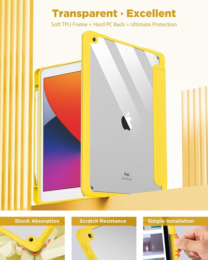 TiMOVO Case for iPad 9th/8th/7th Generation 10.2 inch Black | Pencil Holder Slim Trifold Stand Protective Cover Clear Transparent Back Shell Auto Wake/Sleep